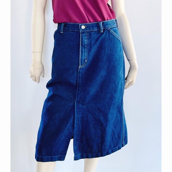 Vintage Denim Midi Skirt, Size 28, Dark Denim Pencil Skirt with Slit - Picture 3 of 12